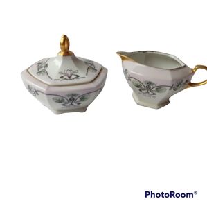 Antique M.Z. Austria Hand Painted Cream and Sugar Bowl Set Gold Trim Pink Floral